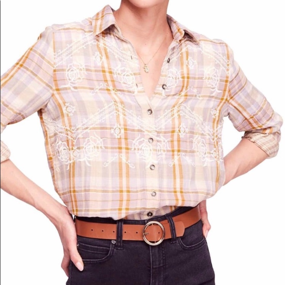 Free People Magical Plaid Embroidered Shirt
